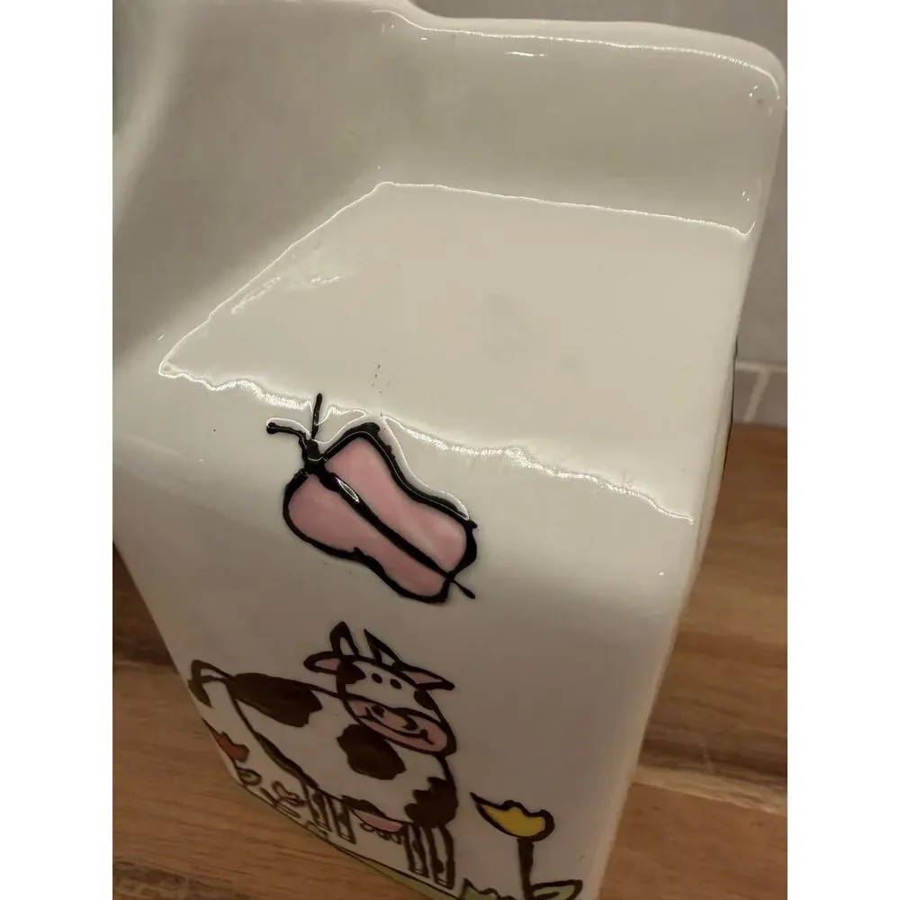 VTG Ganz Ceramic Milk Creamer Carton with Spout Drawn Cows and Flowers - Picture 9 of 9
